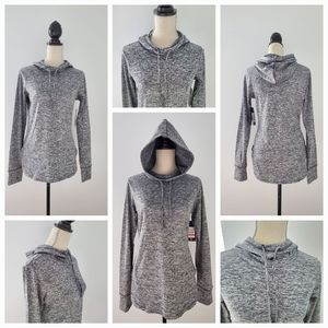 REEBOK Long Sleeve Hoodie ShirtThumb Holes Dark Gray & White Workout Top NWT